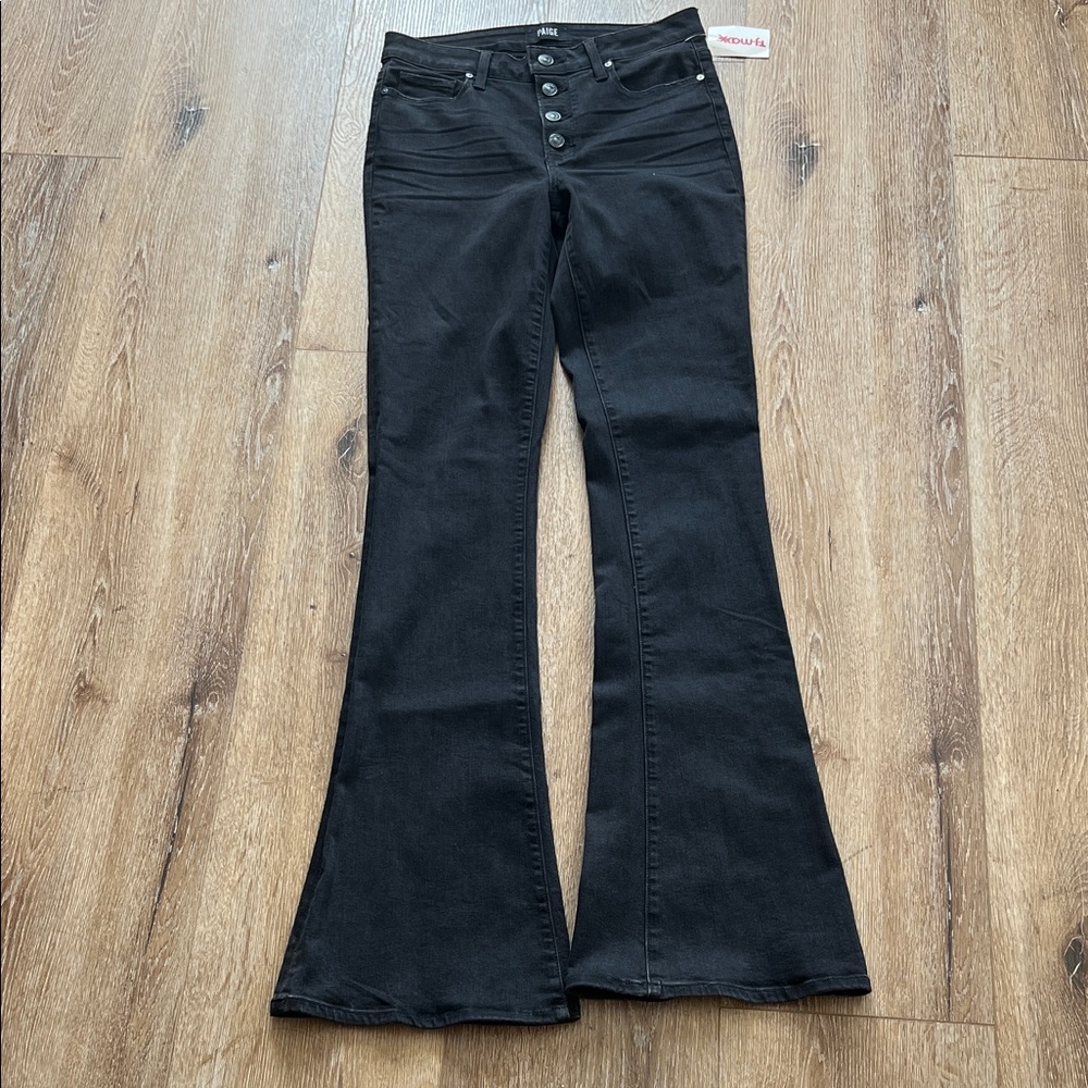 PAIGE Black High-Rise Flare Jeans with Button Fly